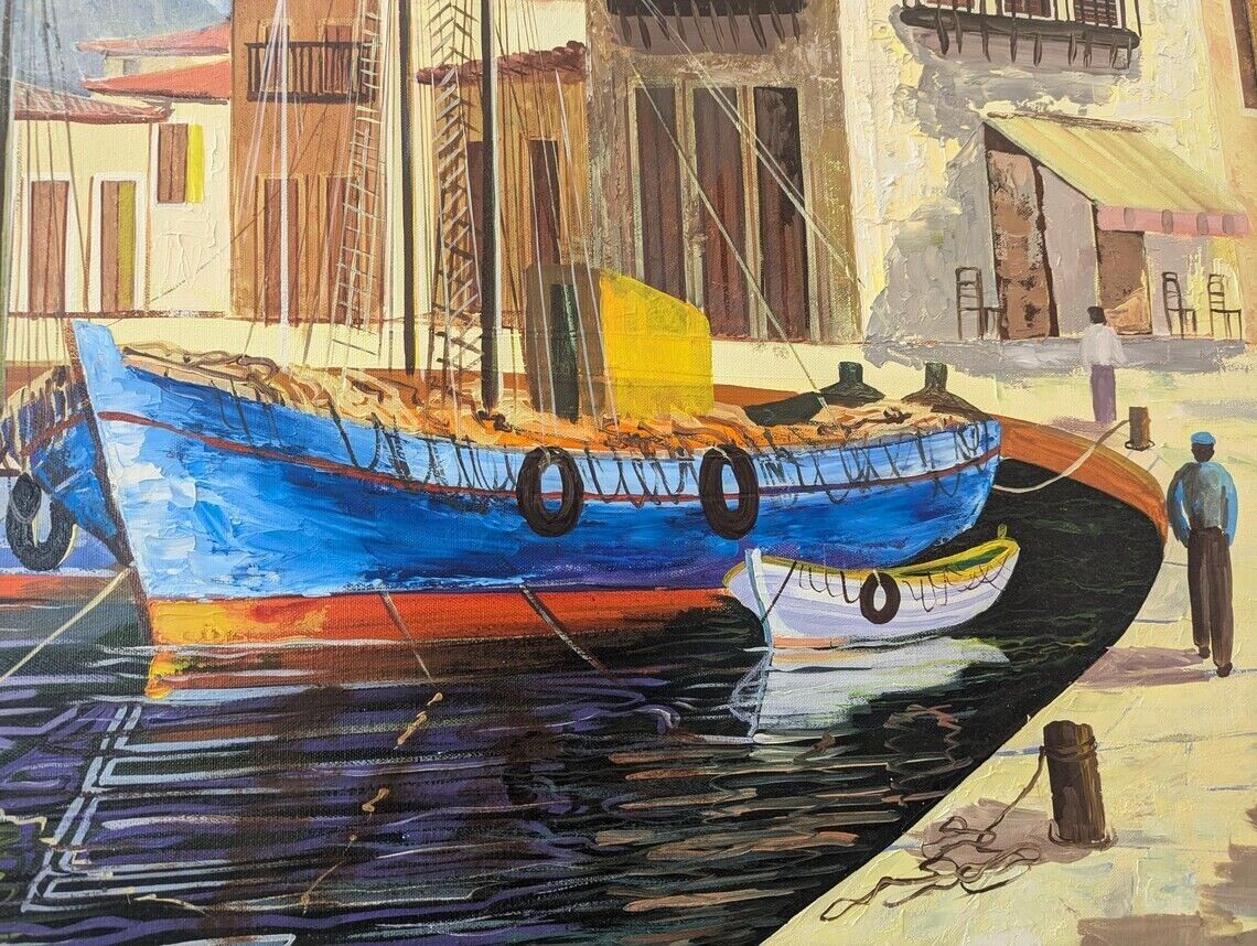 1970s Large Scale Oil on Canvas Harbour Scene Painting. Antique/Vintage/Art