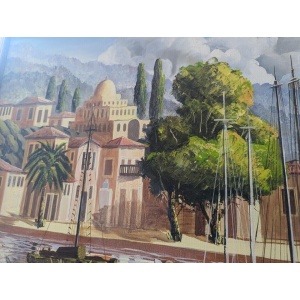 1970s Large Scale Oil on Canvas Harbour Scene Painting. Antique/Vintage/Art