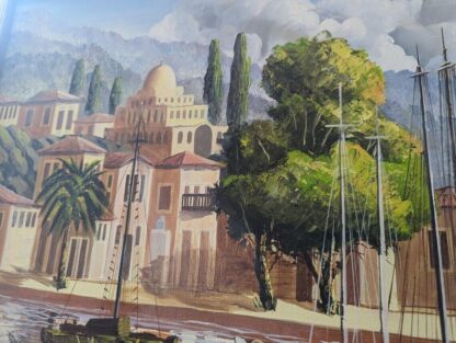 1970s Large Scale Oil on Canvas Harbour Scene Painting. Antique/Vintage/Art