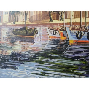 1970s Large Scale Oil on Canvas Harbour Scene Painting. Antique/Vintage/Art