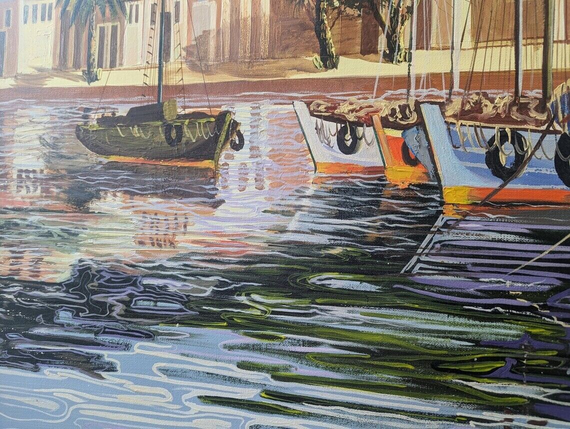 1970s Large Scale Oil on Canvas Harbour Scene Painting. Antique/Vintage/Art