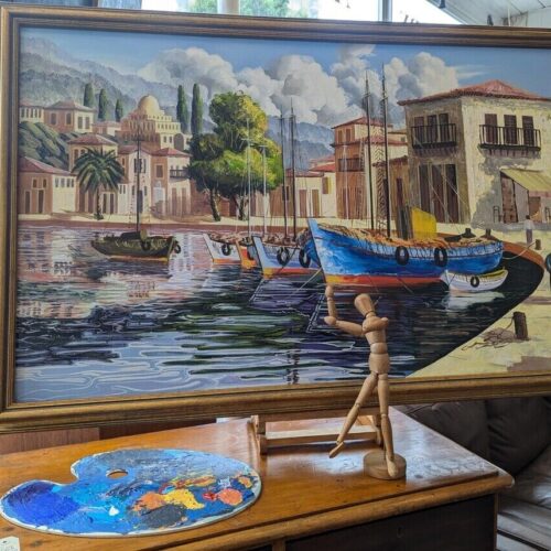 1970s Large Scale Oil on Canvas Harbour Scene Painting. Antique/Vintage/Art