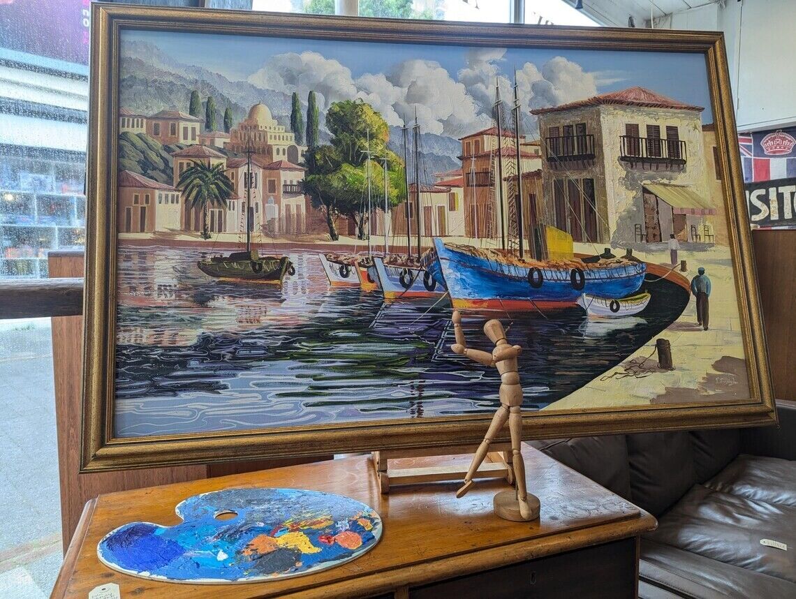 1970s Large Scale Oil on Canvas Harbour Scene Painting. Antique/Vintage/Art