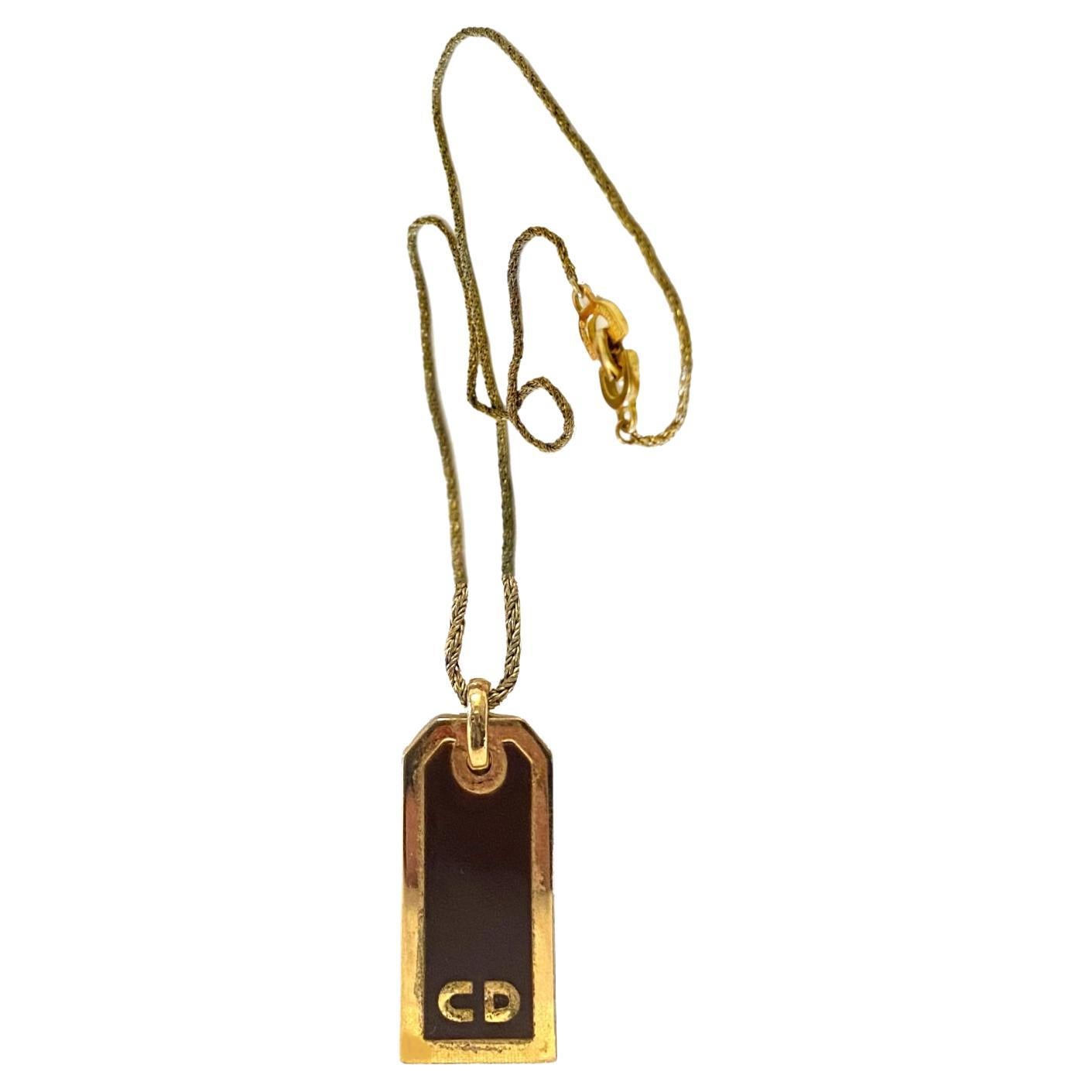 1980s Christian Dior Enameled Logo Pendant Necklace