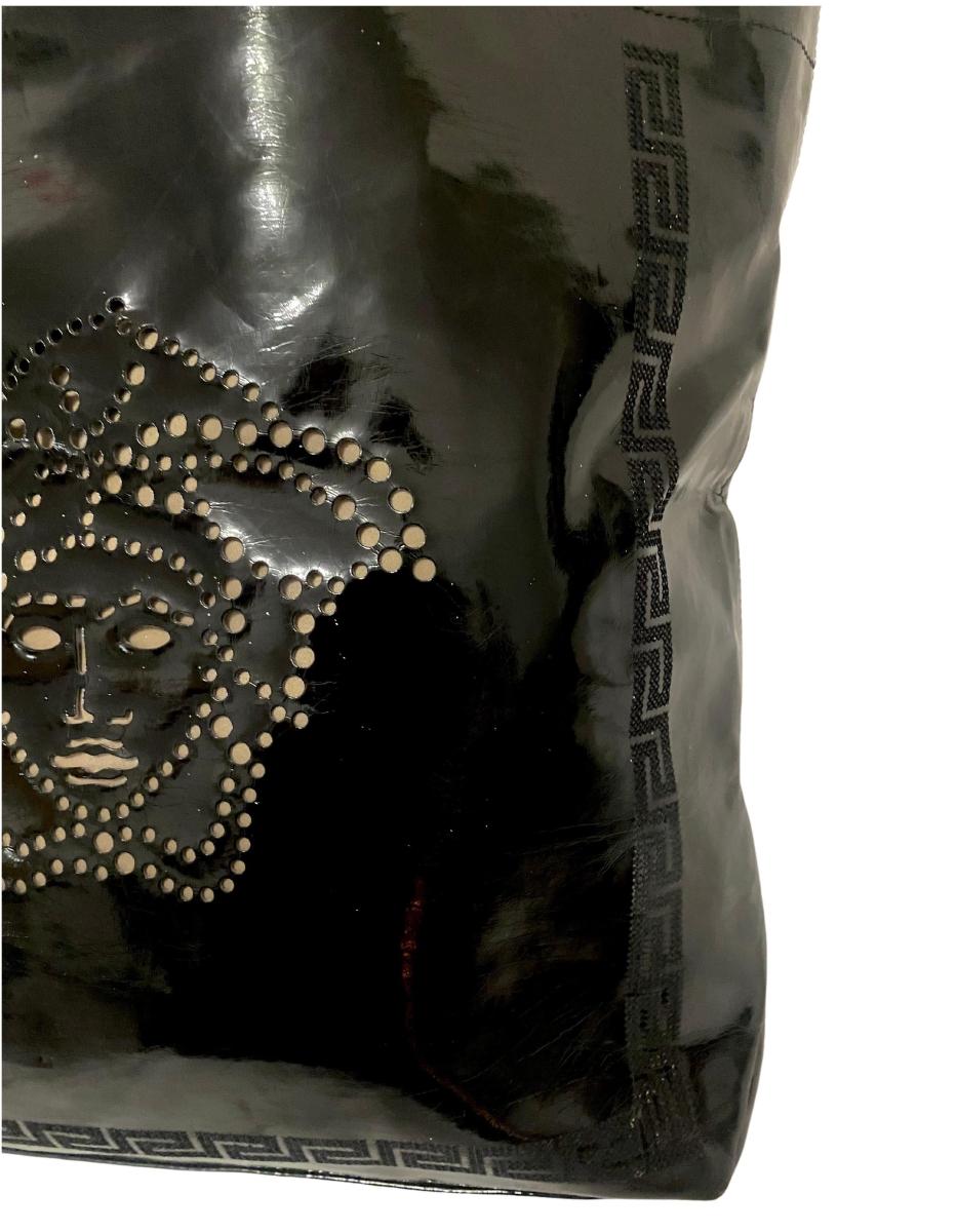 1980s Versace Black Patent Leather Medusa Cut Out Tote Bag