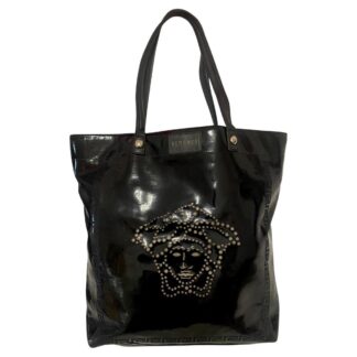 1980s Versace Black Patent Leather Medusa Cut Out Tote Bag