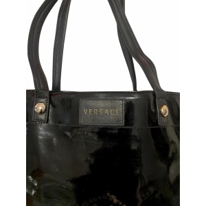 1980s Versace Black Patent Leather Medusa Cut Out Tote Bag