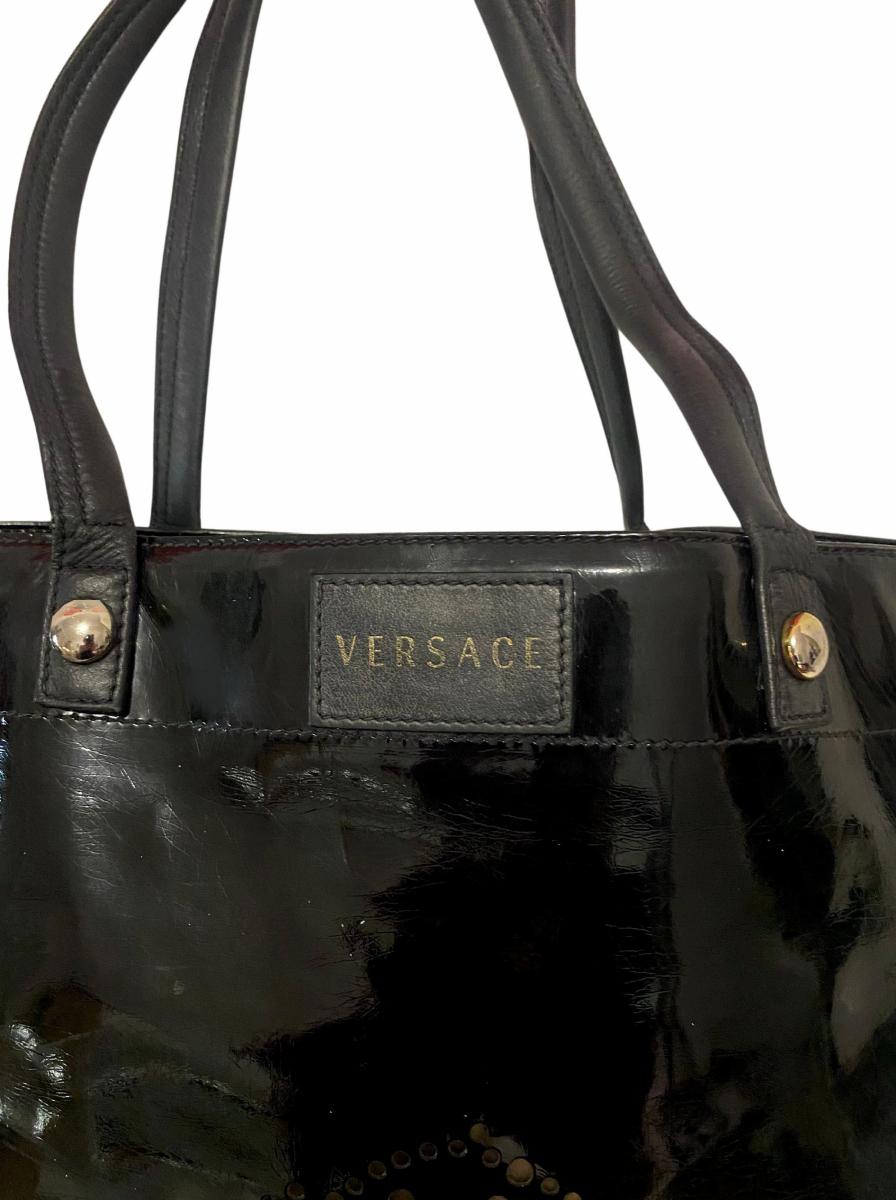 1980s Versace Black Patent Leather Medusa Cut Out Tote Bag