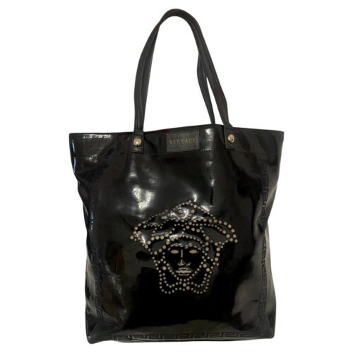 1980s Versace Black Patent Leather Medusa Cut Out Tote Bag