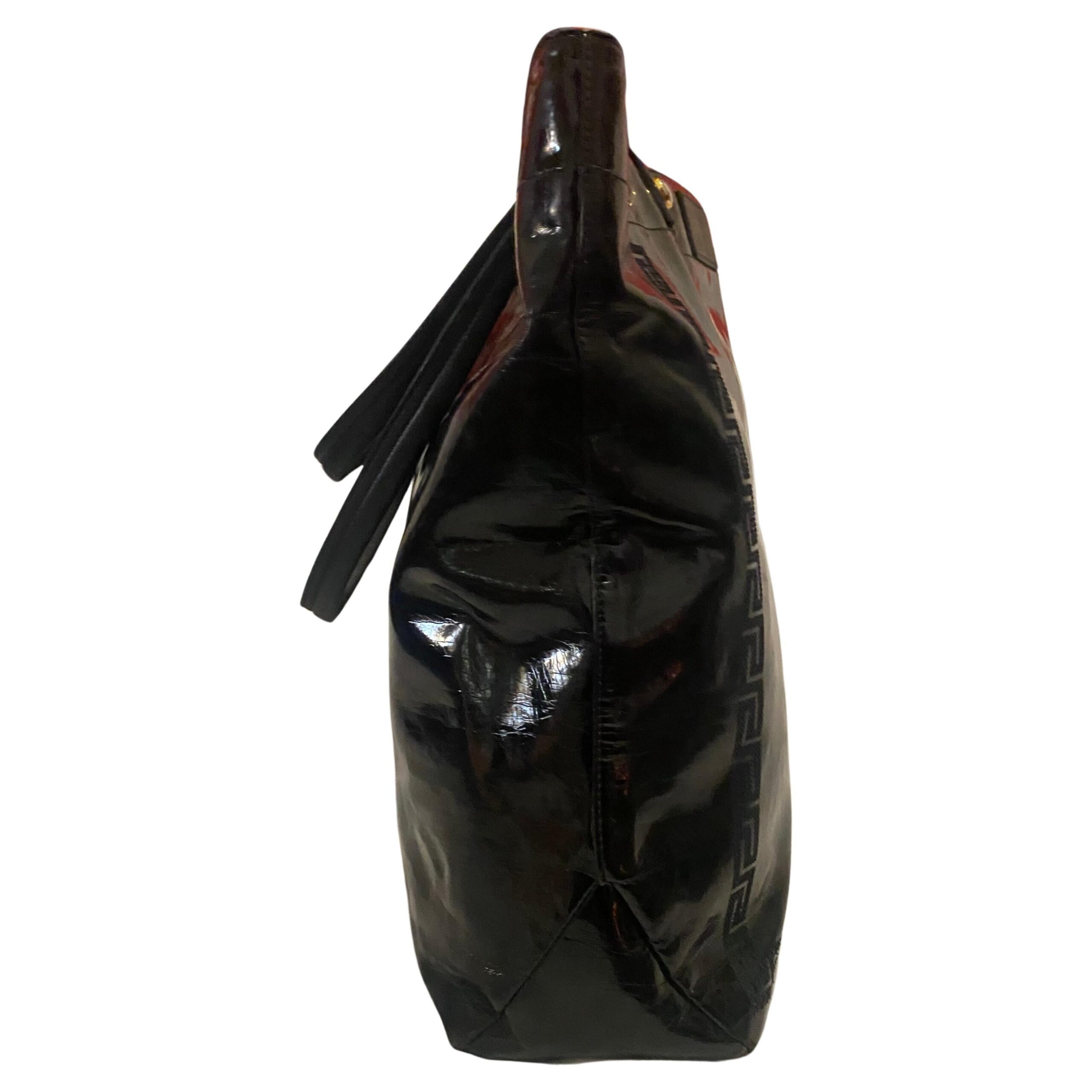 1980s Versace Black Patent Leather Medusa Cut Out Tote Bag