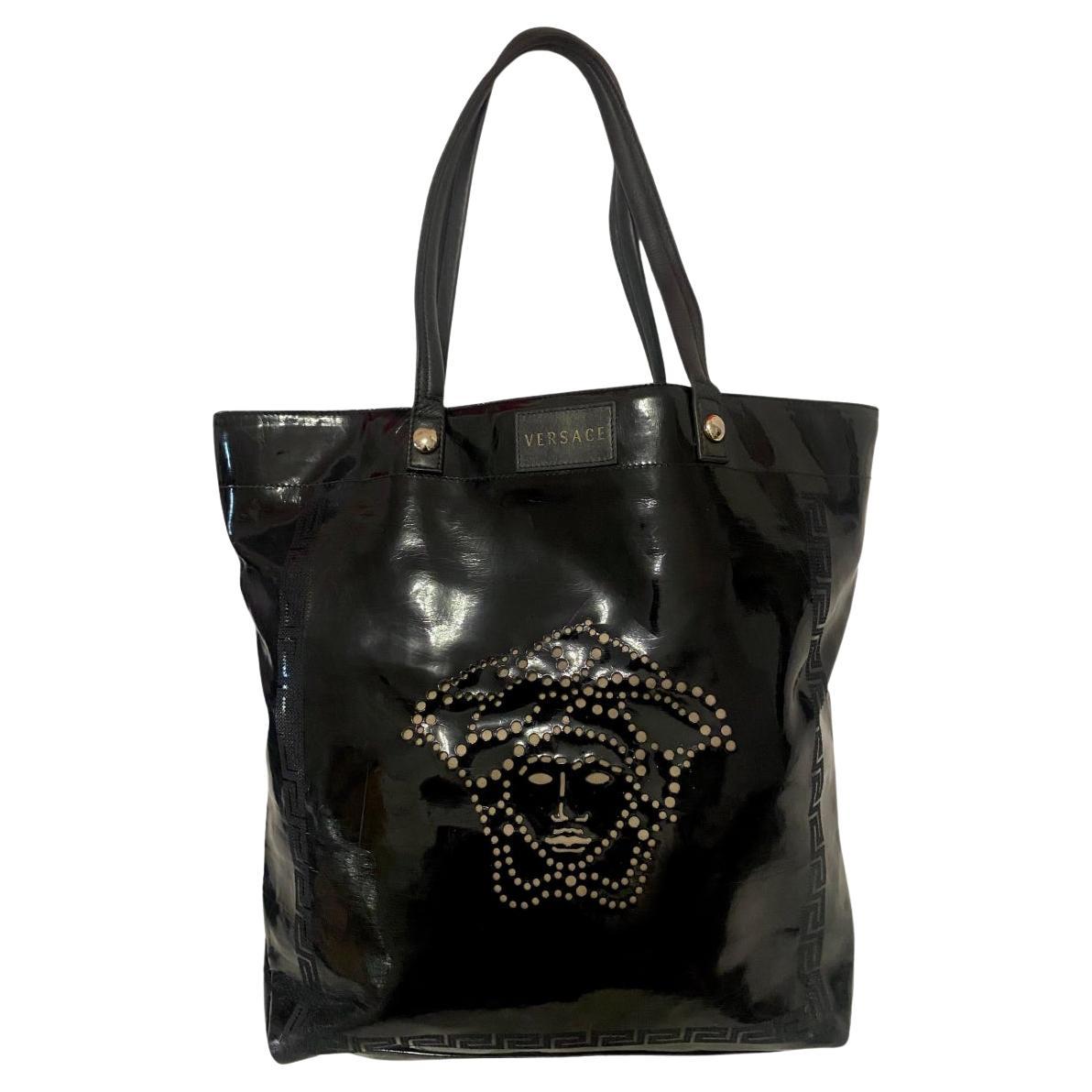 1980s Versace Black Patent Leather Medusa Cut Out Tote Bag