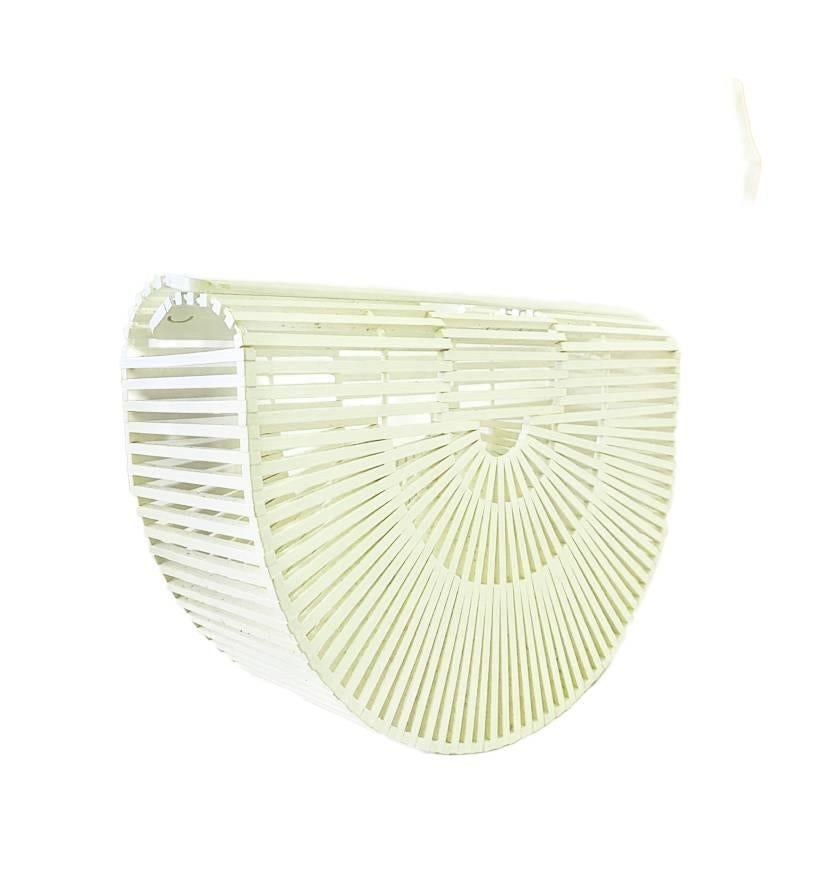 1980s Wooden White Slat Basket Top Handle Half Moon Beach bag