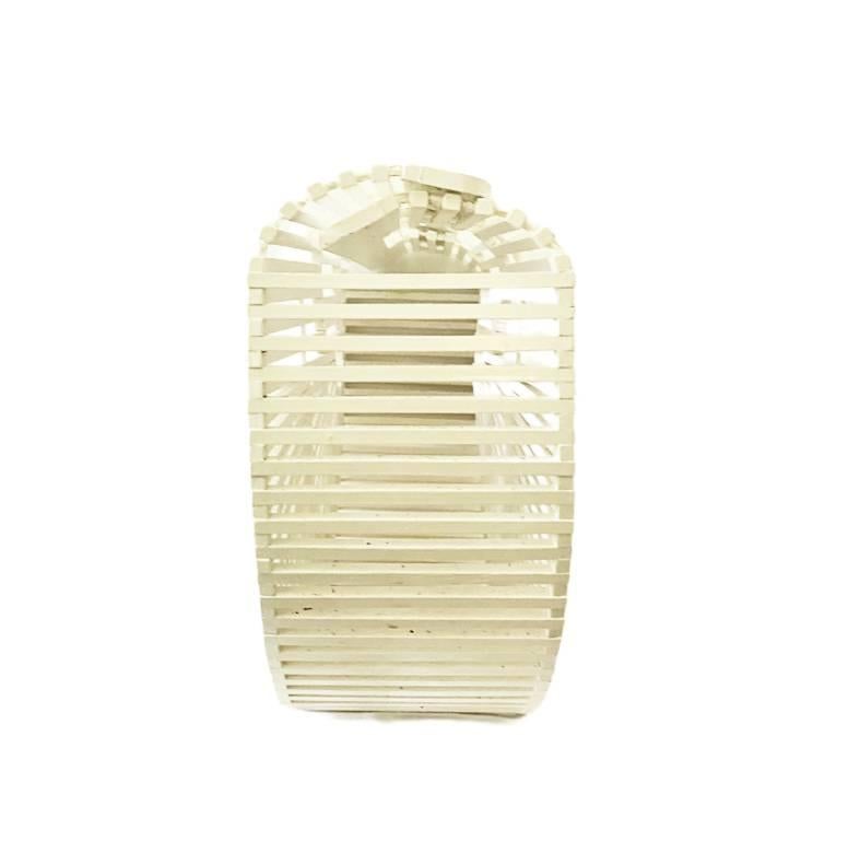 1980s Wooden White Slat Basket Top Handle Half Moon Beach bag