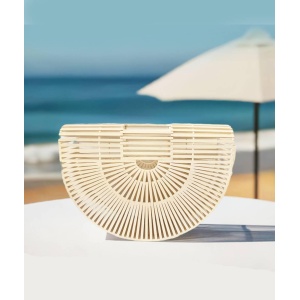 1980s Wooden White Slat Basket Top Handle Half Moon Beach bag
