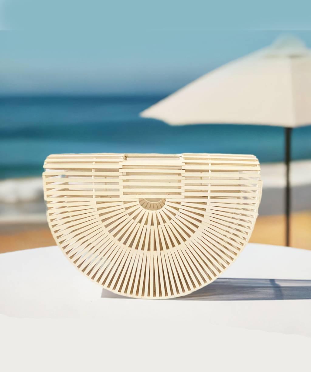 1980s Wooden White Slat Basket Top Handle Half Moon Beach bag