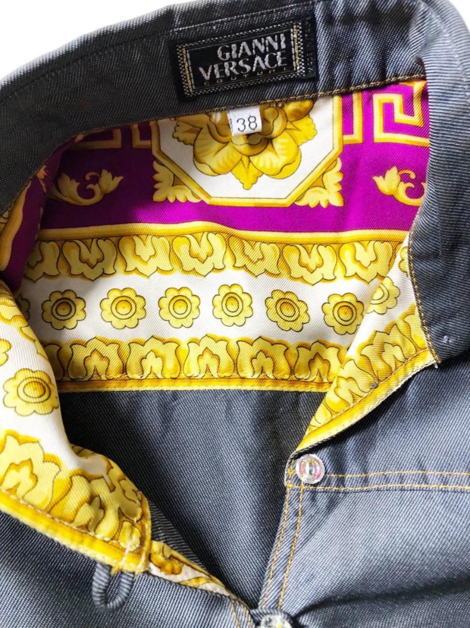 1990s Gianni Versace Denim Contrast Cuff Cropped Mako Cotton Shirt