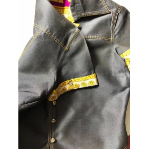 1990s Gianni Versace Denim Contrast Cuff Cropped Mako Cotton Shirt
