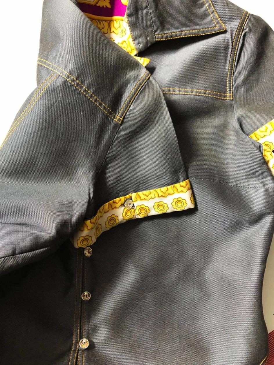 1990s Gianni Versace Denim Contrast Cuff Cropped Mako Cotton Shirt