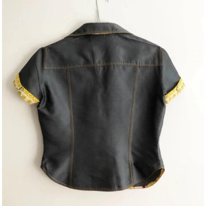 1990s Gianni Versace Denim Contrast Cuff Cropped Mako Cotton Shirt