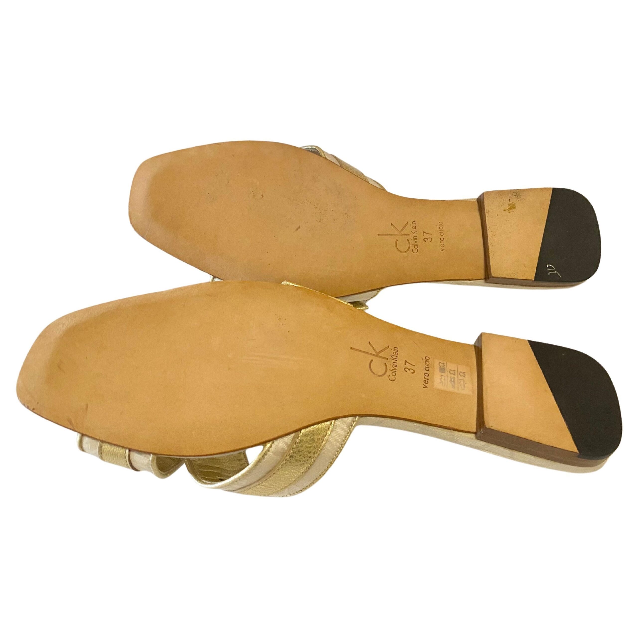 2000s Calvin Klein Gold Cross Double Strap Flat Sandals