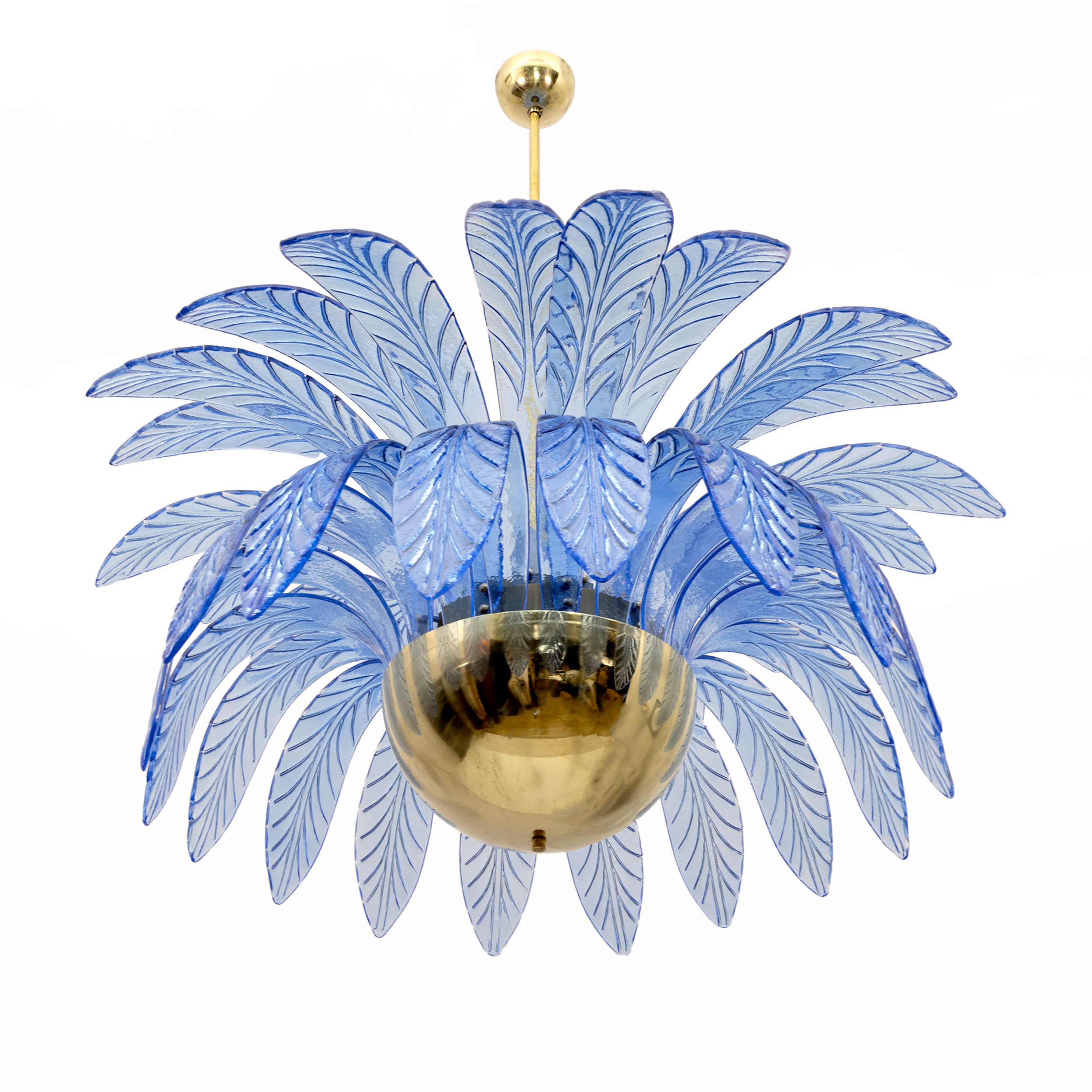 Pair of Mid-Century Modern Palm Leaves Big Chandelier Murano Glass and Brass 70s