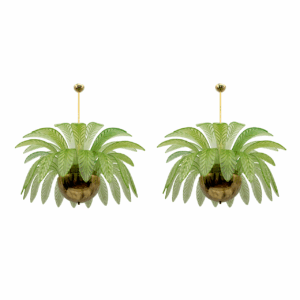 Pair of Mid-Century Modern Palm Leaves Big Chandelier Murano Glass and Brass 70s