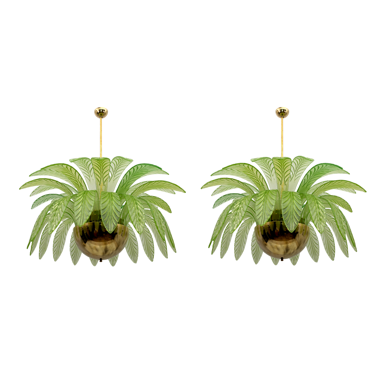 Pair of Mid-Century Modern Palm Leaves Big Chandelier Murano Glass and Brass 70s