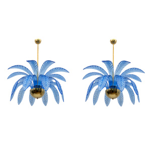Pair of Mid-Century Modern Palm Leaves Chandelier Murano Glass and Brass, 1970s