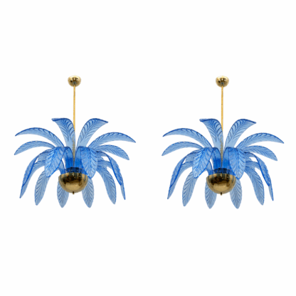 Pair of Mid-Century Modern Palm Leaves Chandelier Murano Glass and Brass, 1970s