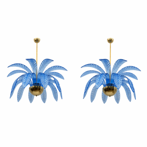 Pair of Mid-Century Modern Palm Leaves Chandelier Murano Glass and Brass, 1970s