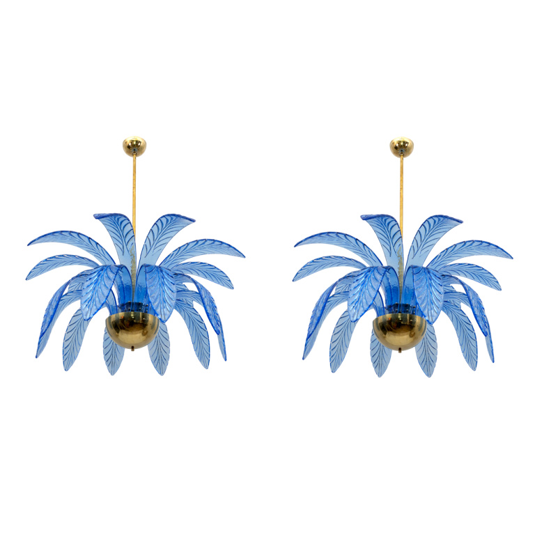 Pair of Mid-Century Modern Palm Leaves Chandelier Murano Glass and Brass, 1970s