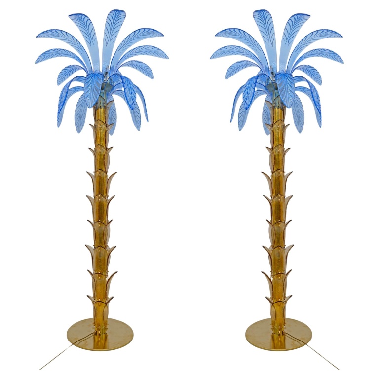 Pair of Murano Glass and Brass Palm Tree Floor Lamp, 1970s