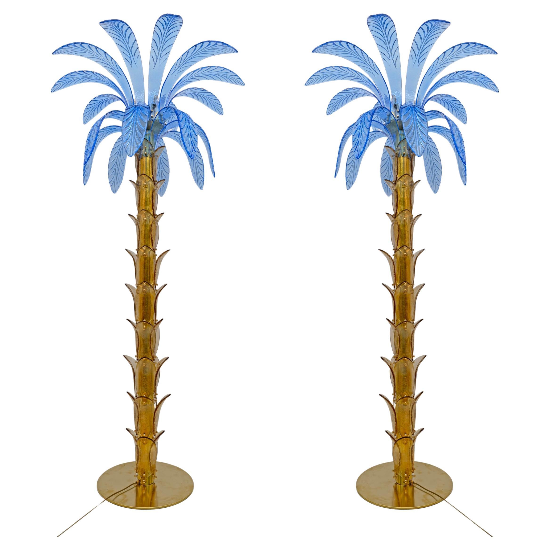 Pair of Murano Glass and Brass Palm Tree Floor Lamp, 1970s