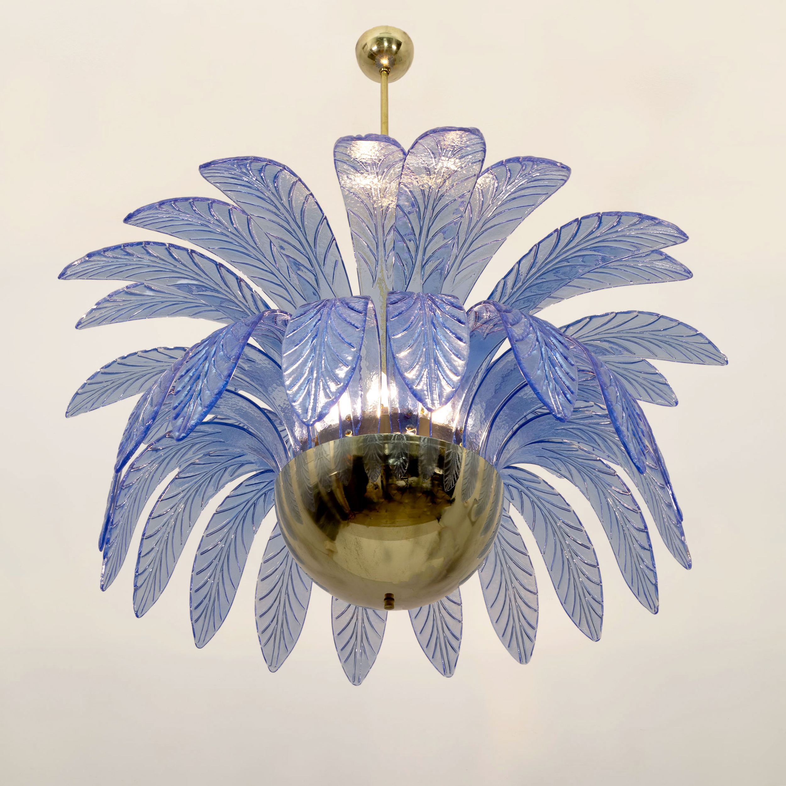 Pair of Mid-Century Modern Palm Leaves Big Chandelier Murano Glass and Brass 70s