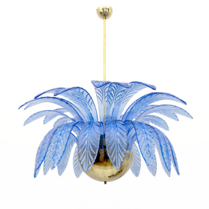 Pair of Mid-Century Modern Palm Leaves Big Chandelier Murano Glass and Brass 70s