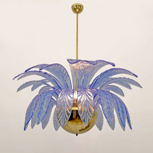 Pair of Mid-Century Modern Palm Leaves Big Chandelier Murano Glass and Brass 70s