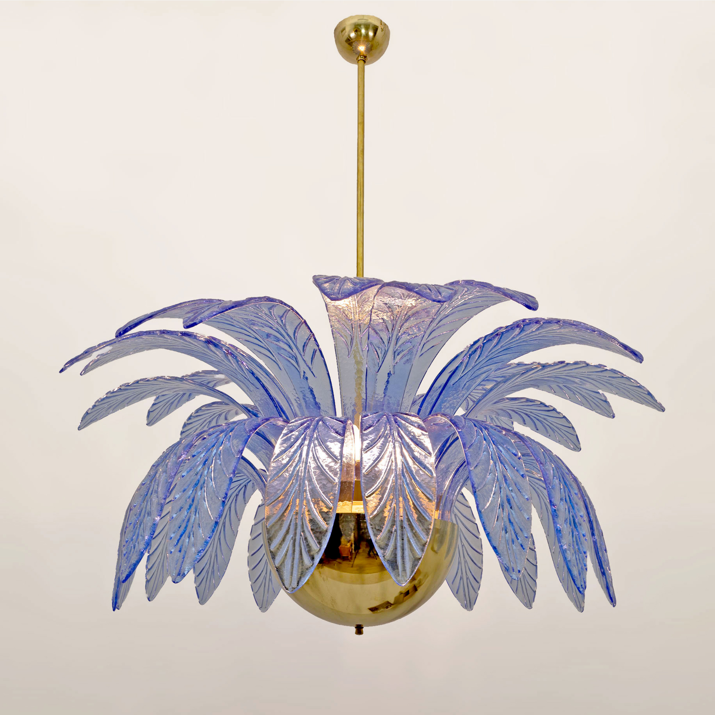 Pair of Mid-Century Modern Palm Leaves Big Chandelier Murano Glass and Brass 70s