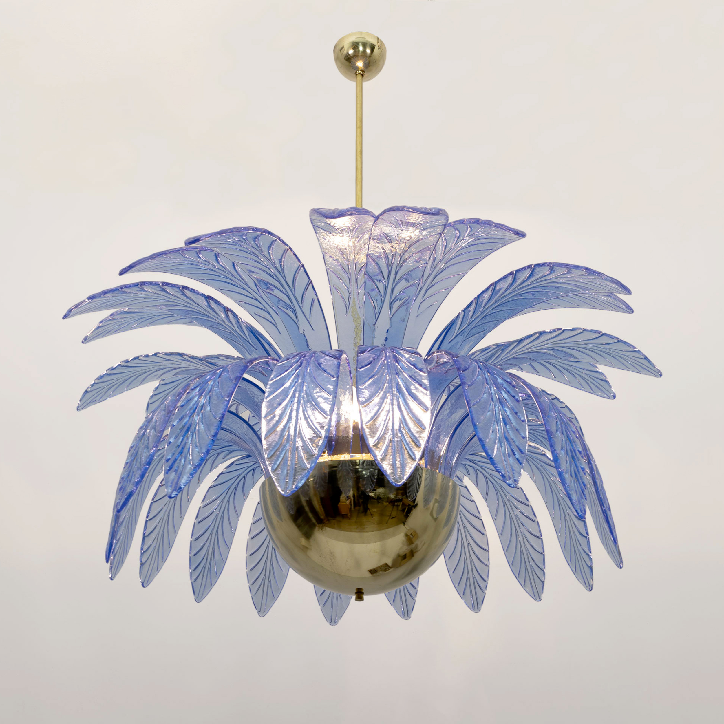 Pair of Mid-Century Modern Palm Leaves Big Chandelier Murano Glass and Brass 70s