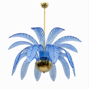 Pair of Mid-Century Modern Palm Leaves Chandelier Murano Glass and Brass, 1970s