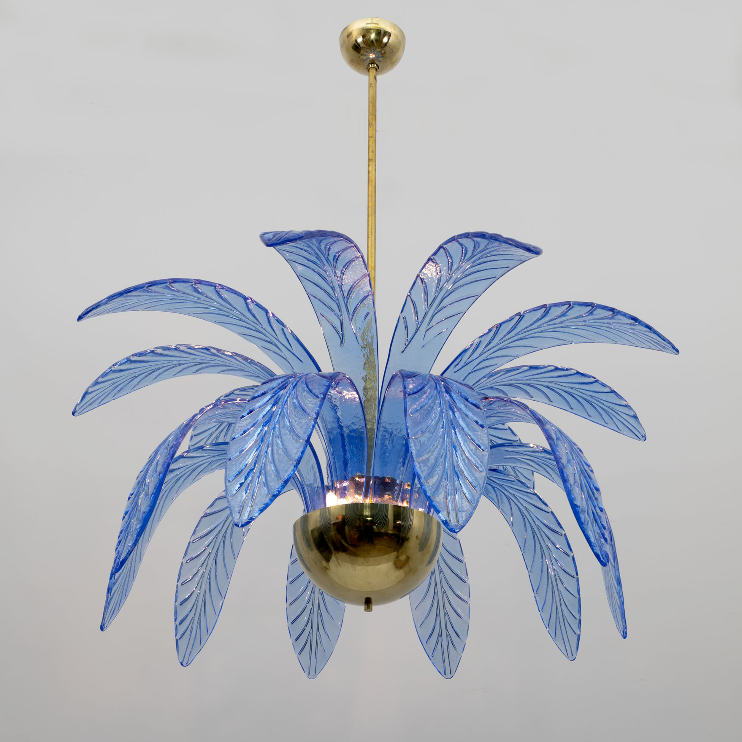 Pair of Mid-Century Modern Palm Leaves Chandelier Murano Glass and Brass, 1970s