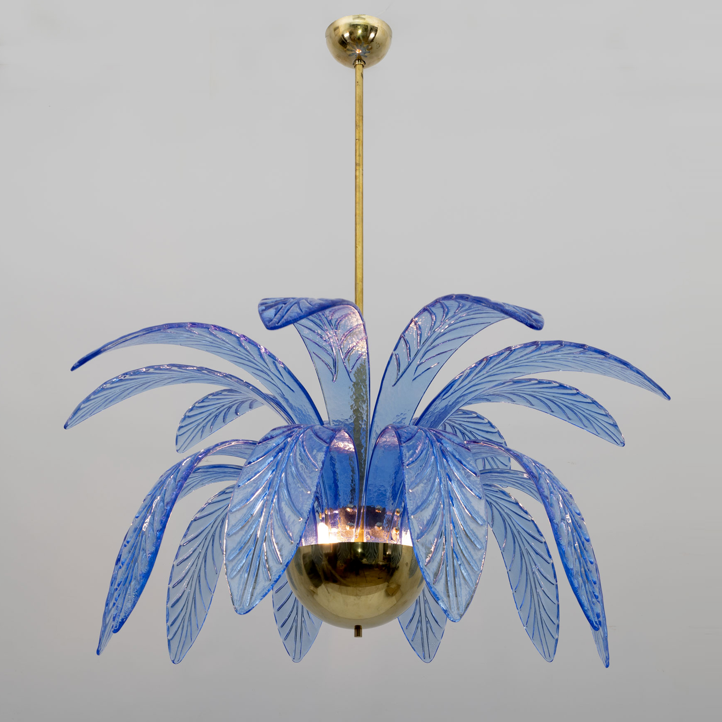 Pair of Mid-Century Modern Palm Leaves Chandelier Murano Glass and Brass, 1970s