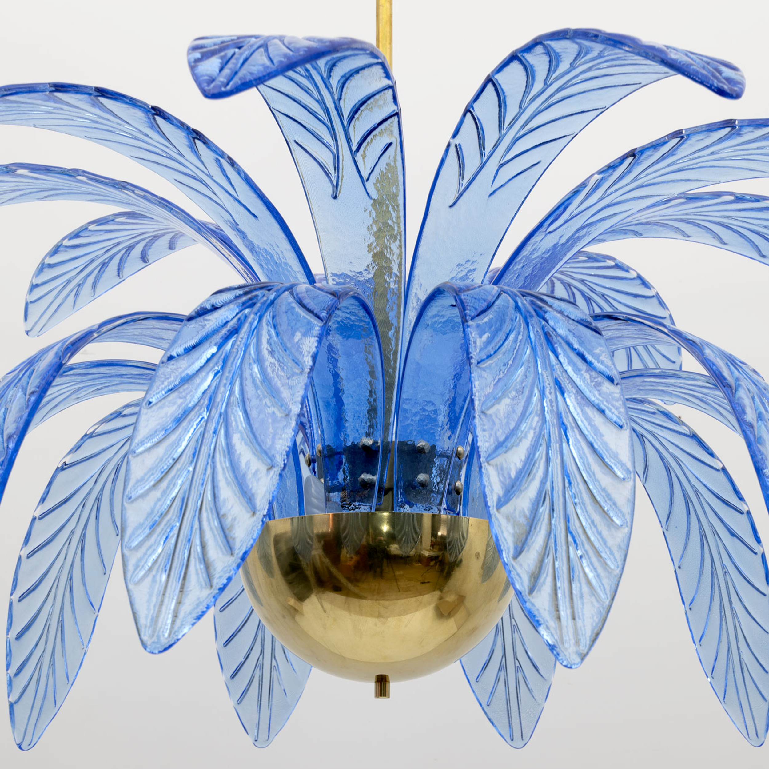 Pair of Mid-Century Modern Palm Leaves Chandelier Murano Glass and Brass, 1970s