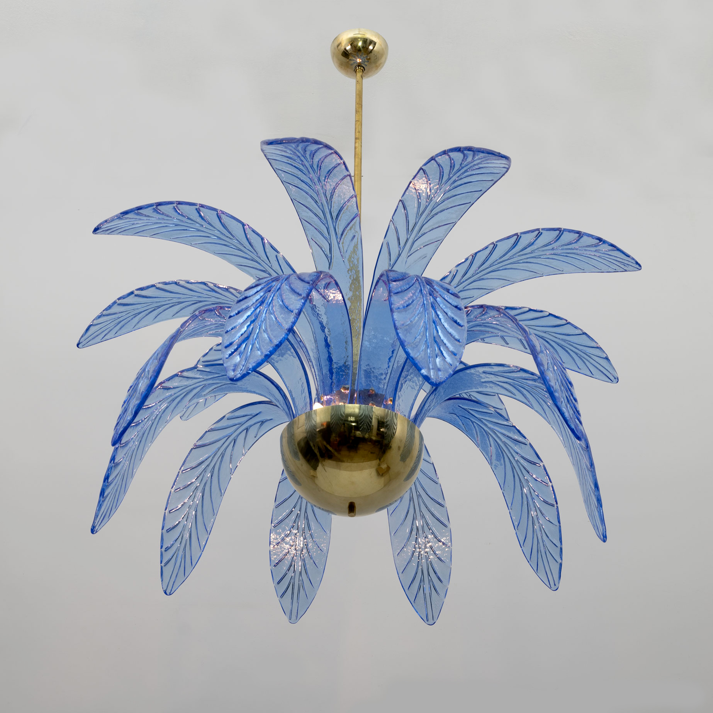 Pair of Mid-Century Modern Palm Leaves Chandelier Murano Glass and Brass, 1970s