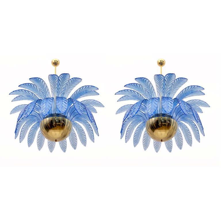 Pair of Mid-Century Modern Palm Leaves Big Chandelier Murano Glass and Brass 70s