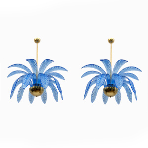 Pair of Mid-Century Modern Palm Leaves Chandelier Murano Glass and Brass, 1970s