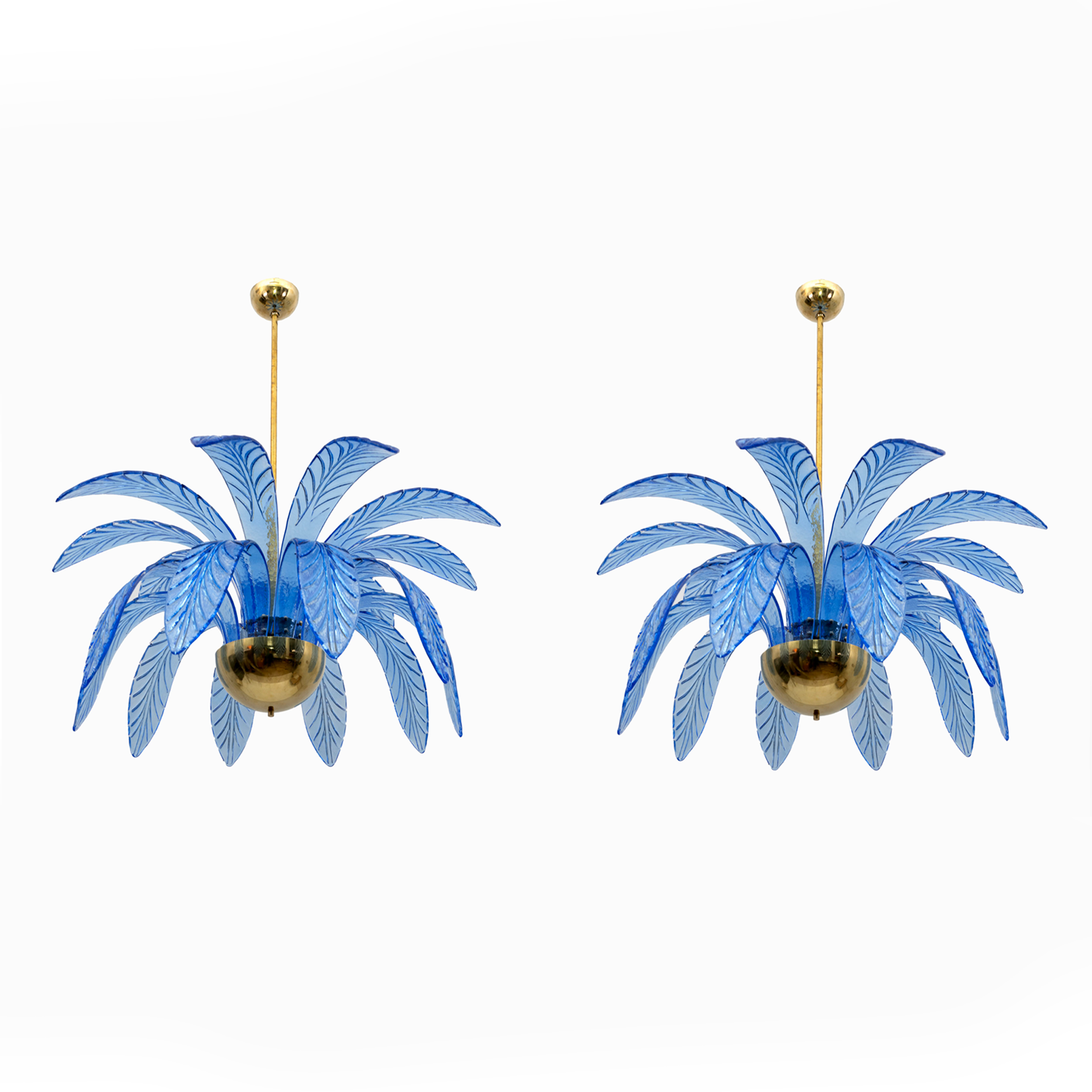 Pair of Mid-Century Modern Palm Leaves Chandelier Murano Glass and Brass, 1970s
