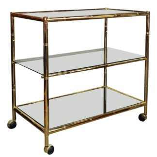 Vintage Brass & Smoked Glass 3 Tier Faux Bamboo Bar Cart, 1970s