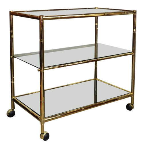 Vintage Brass & Smoked Glass 3 Tier Faux Bamboo Bar Cart, 1970s