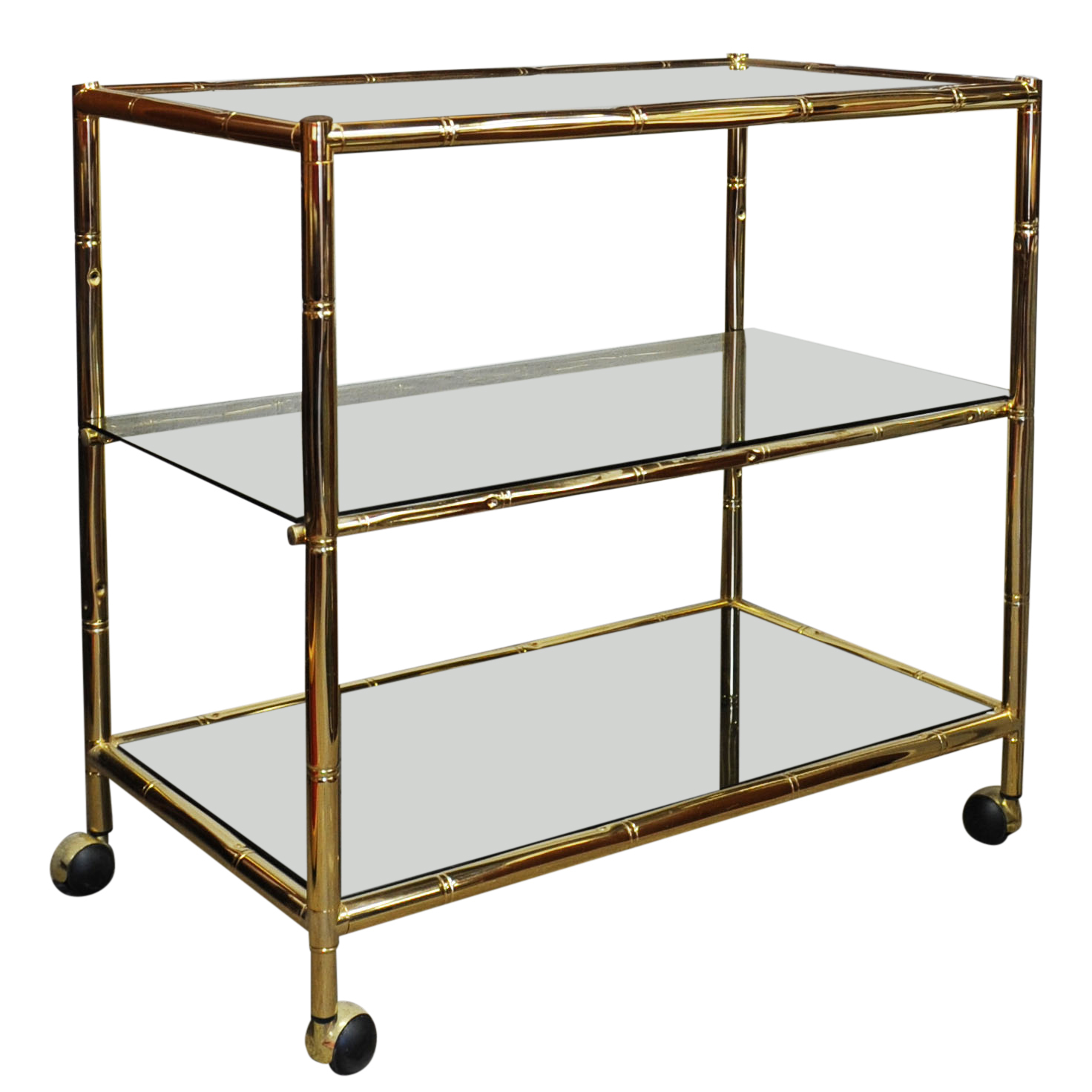 Vintage Brass & Smoked Glass 3 Tier Faux Bamboo Bar Cart, 1970s