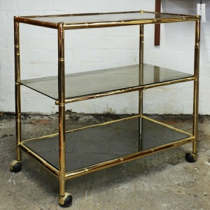 Vintage Brass & Smoked Glass 3 Tier Faux Bamboo Bar Cart, 1970s